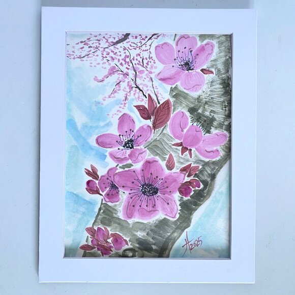Art Original Sakura on a Trunk Flower Watercolor Painting 11x14in Matted - Picture 3 of 13